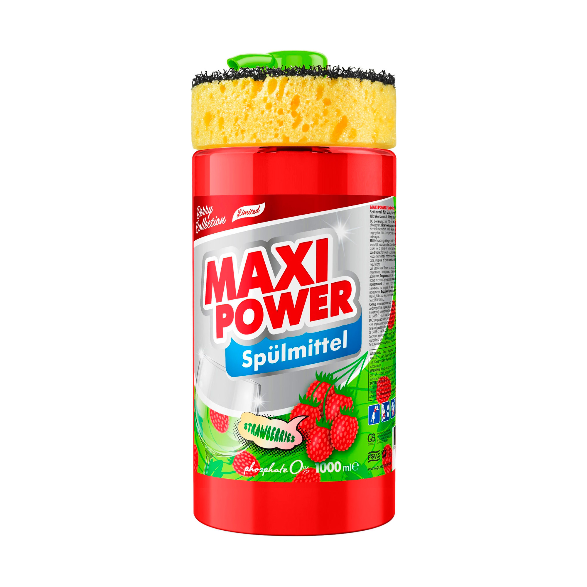 Засіб для миття посуду Maxi Power Суниця, з губкою, 1 л